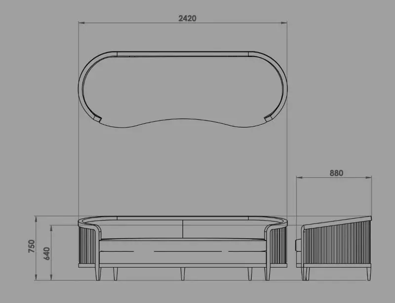 Technical drawing of a bespoke sofa