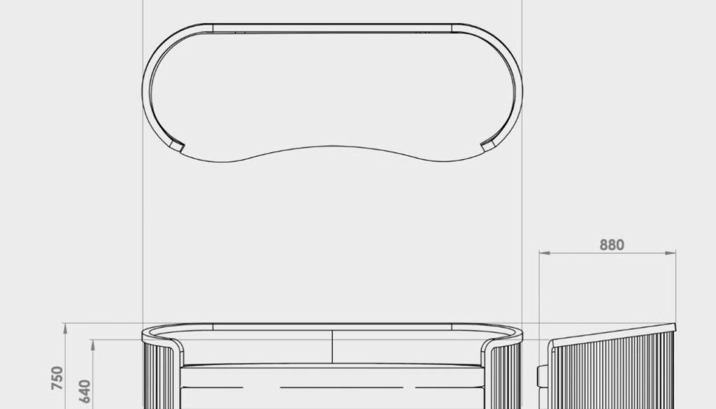 Technical drawing for a curved bespoke sofa with dimensions