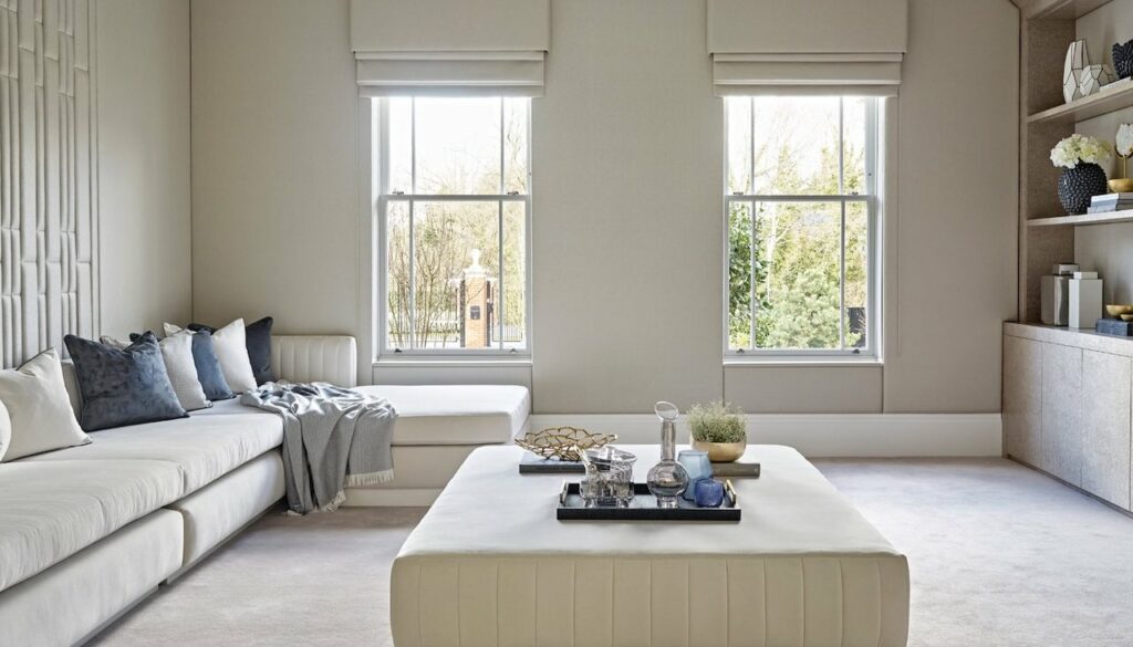 Tailored sofa and upholstered ottoman in a serene luxury residential lounge